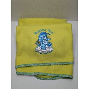 Care Bears BEDTIME BEAR Yellow Fleece  Baby Blanket Yellow Plaid Trim Vintage